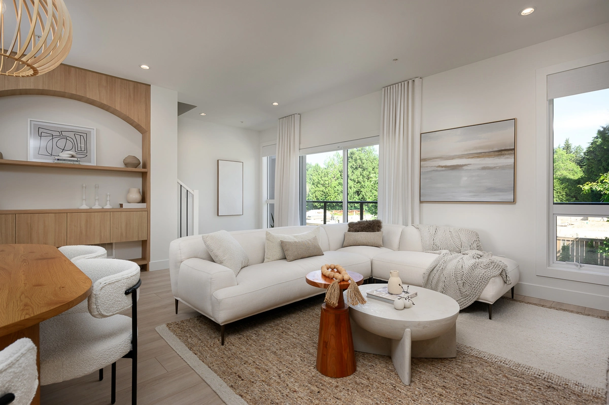 Plan A – living area with arched built-in shelving and natural light