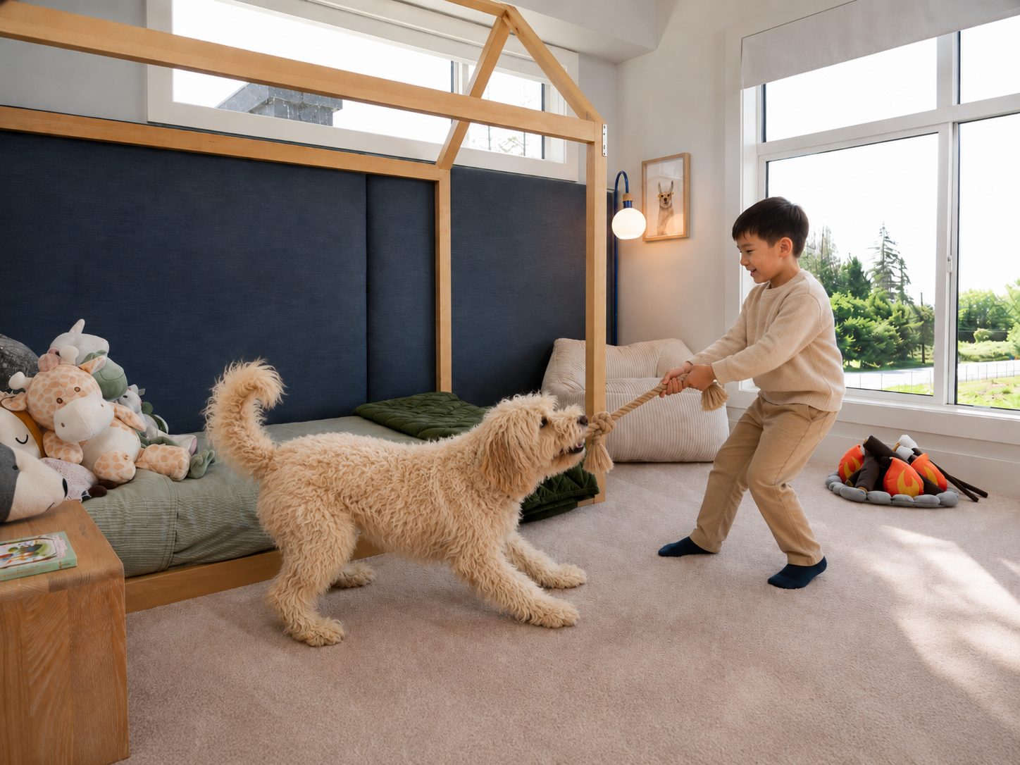 Child playing tug-of-war with a goldendoodle in a bright kids' bedroom inside an Addition townhome in Langley